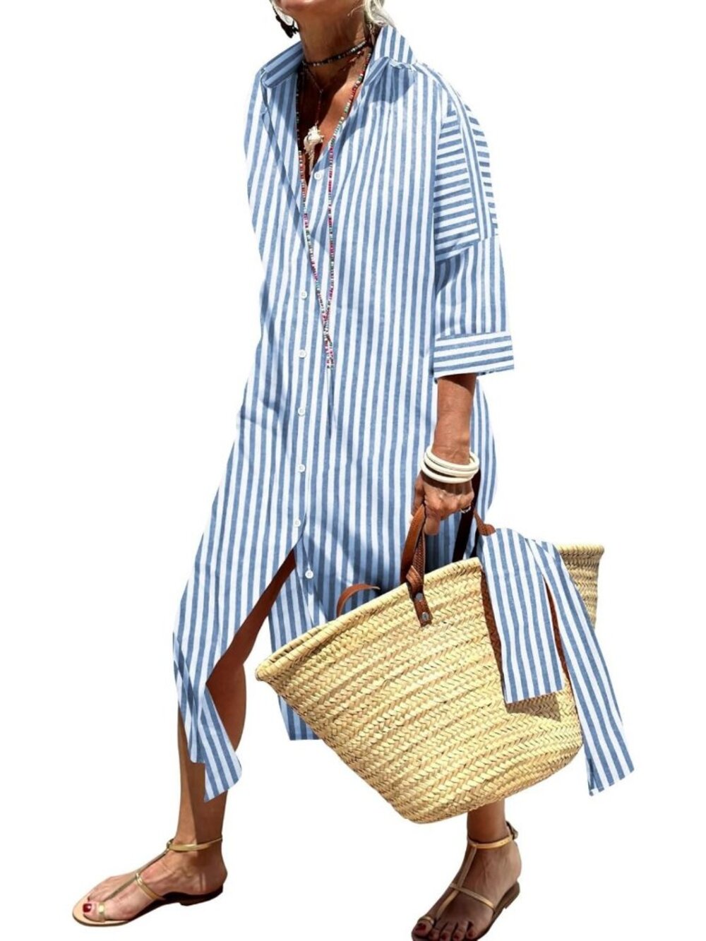 Stylish Women's Striped Maxi Dress - Cotton, Lapel, Belted, Perfect for Summer